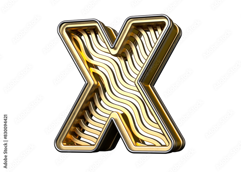 Poster 3d shiny letter x made of gold with wavy shapes. high-resolution and realistic fonts great for heade