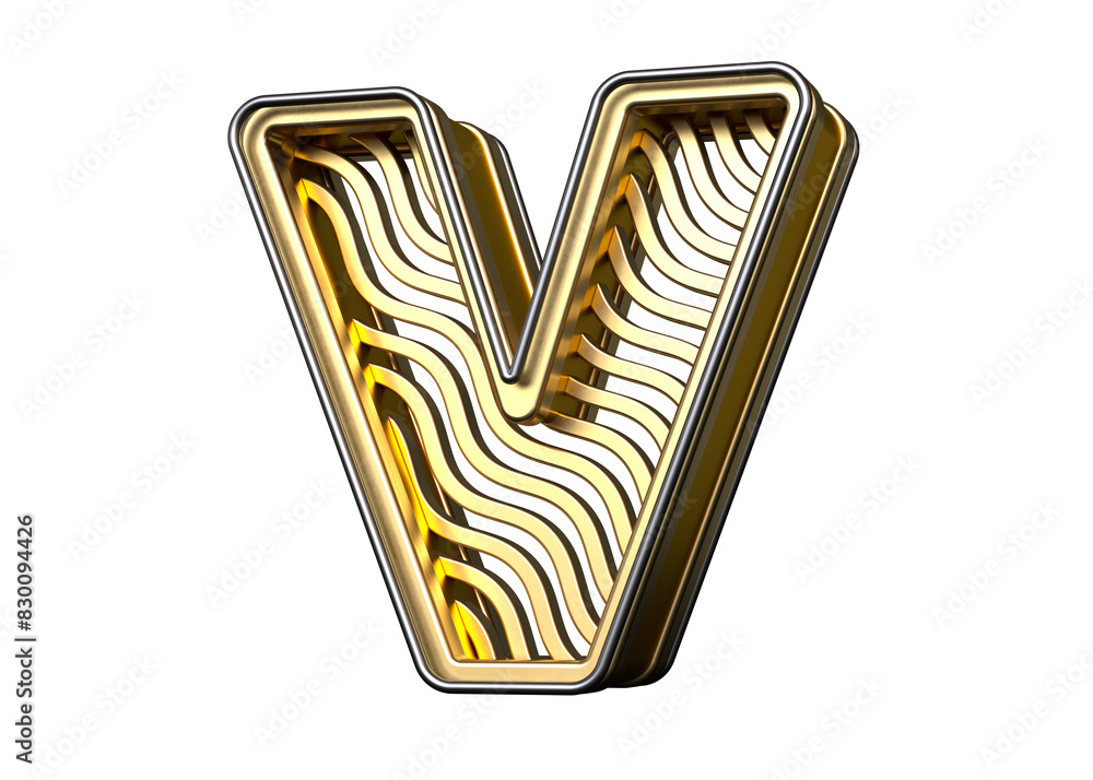 Poster golden font 3d letter v with wavy line pattern. high-resolution and realistic fonts great for header