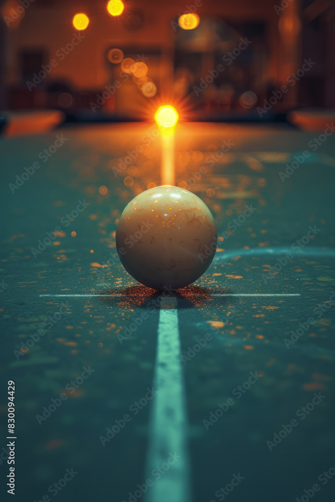 Poster Artistic rendering of a line extending from the edge of the image, barely making contact with a billiard ball, capturing the instant of contact,