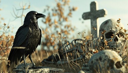 Crow on Cemetery Beside with Skeleton Solid Background for Halloween Horror Concept