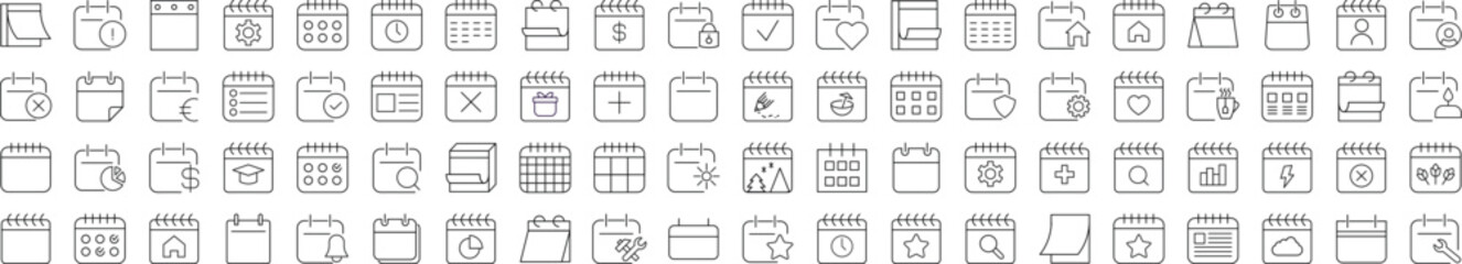 Collection of icons of Calendar for Advertisement. Suitable for books, stores, shops. Editable stroke in minimalistic outline style. Symbol for design