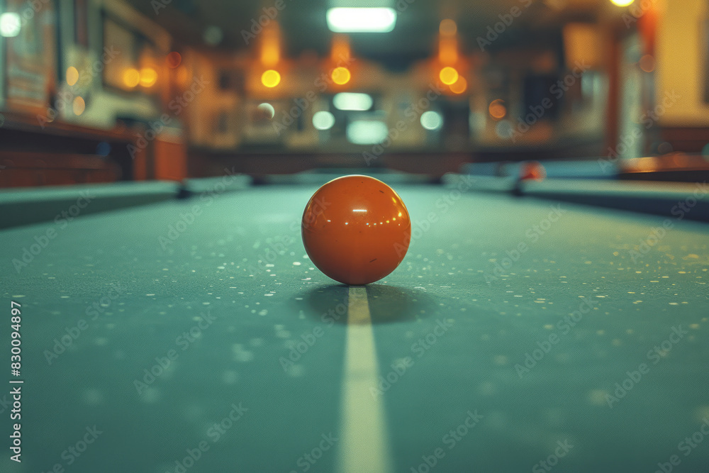 Poster artistic depiction of a thin line approaching a billiard ball from the side, emphasizing the lateral