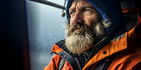 Focused Bearded Fisherman Braving a Storm on His Boat. Concept Fishing, Storm, Bearded, Outdoors, Adventure