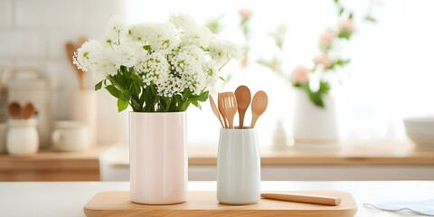 Stylish kitchen setup with white decor utensils neatly arranged on countertop. Concept Kitchen Styling, White Decor, Countertop Organization, Stylish Utensils, Neat Arrangement