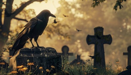 Crow on Cemetery Beside Skull  Halloween Horror