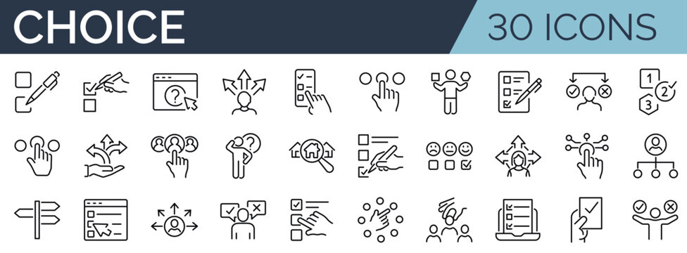 Set of 30 outline icons related to choice. Linear icon collection. Editable stroke. Vector illustration