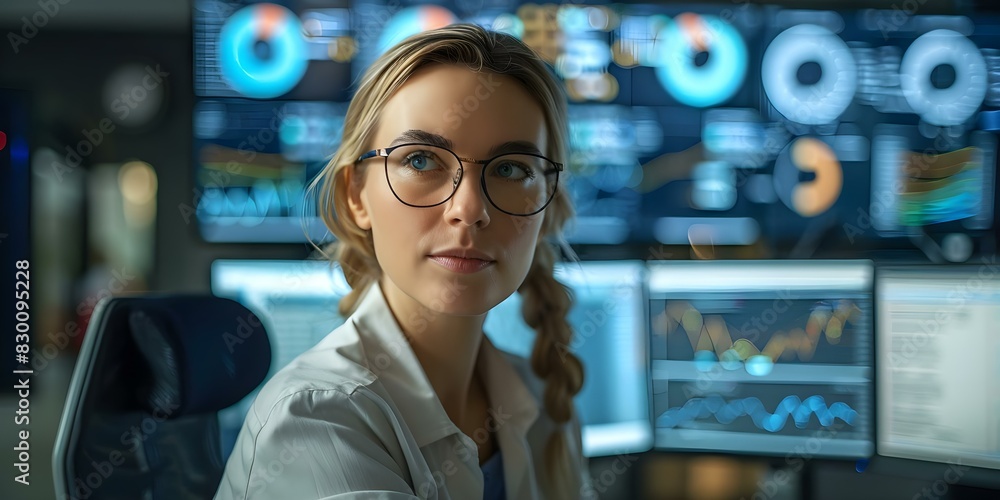 Poster woman working in cybersecurity in a modern office, monitoring network security on multiple screens u