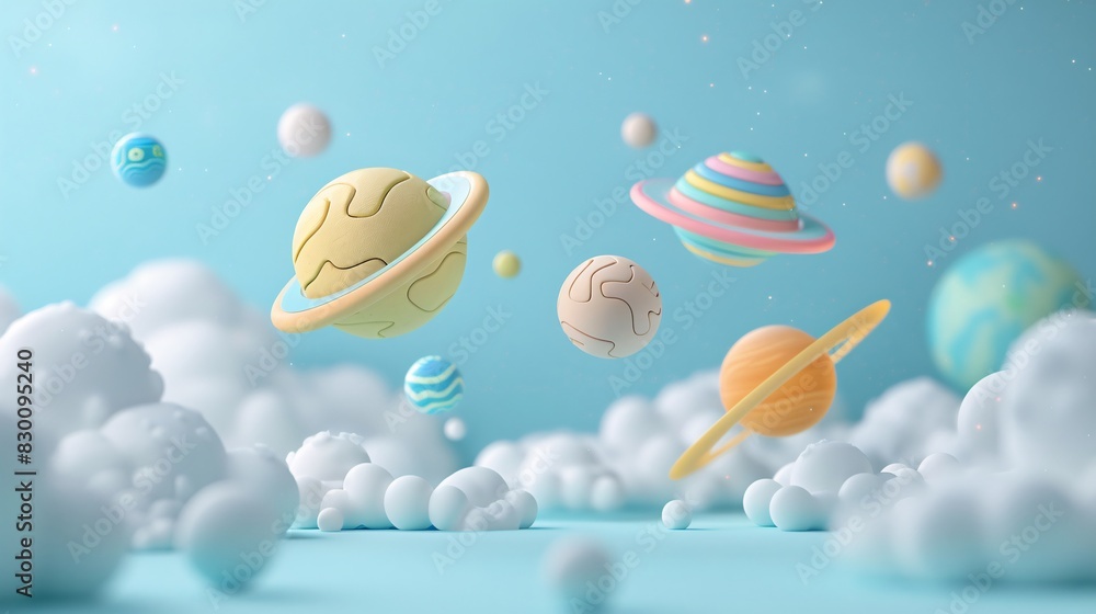 Aufkleber whimsical 3d rendering of colorful planets and clouds in a dreamy, cartoonish outer space scene, per