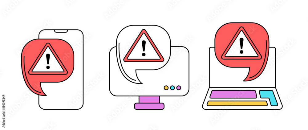 Poster illustration of a broken laptop. error warning sign on the screen. vector image of a broken or repai