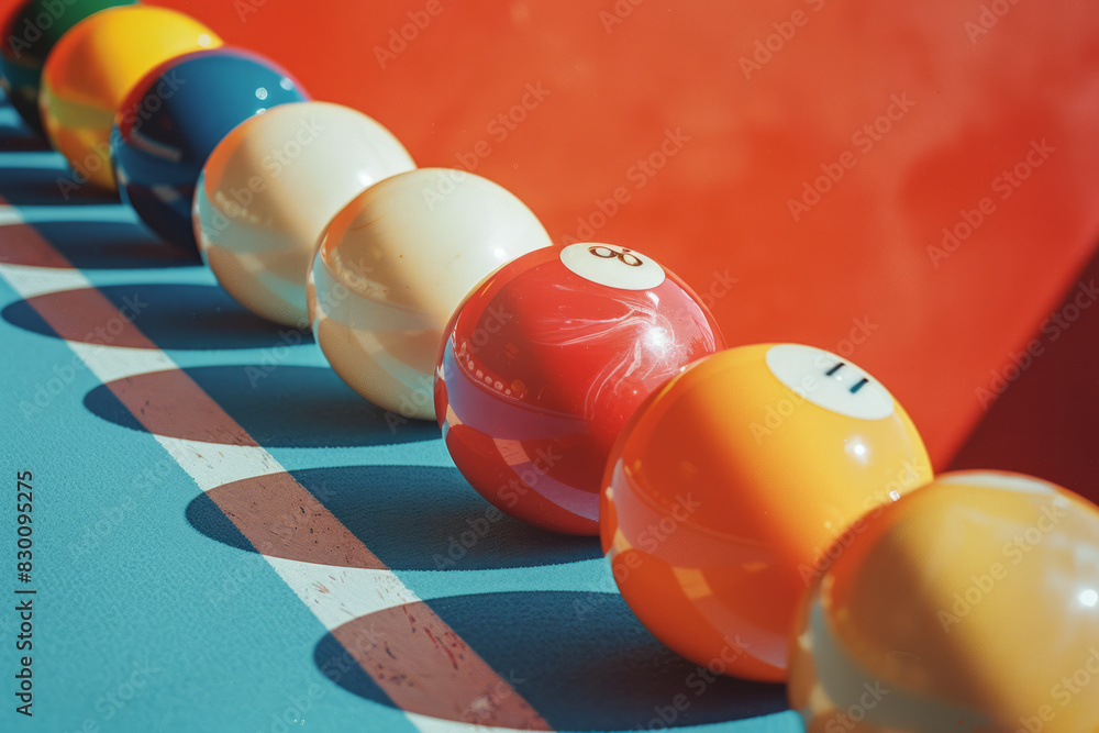 Aufkleber Artistic rendering of a diagonal line intersecting multiple billiard balls, suggesting a break shot,