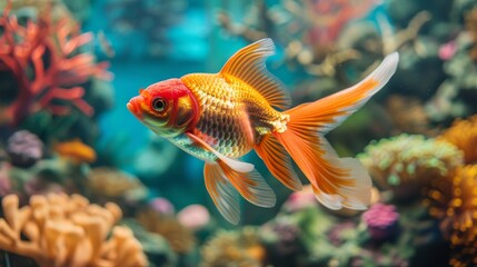 Fototapeta premium A close-up of a regal goldfish swimming gracefully against a backdrop of colorful coral and artificial decorations in its tank.