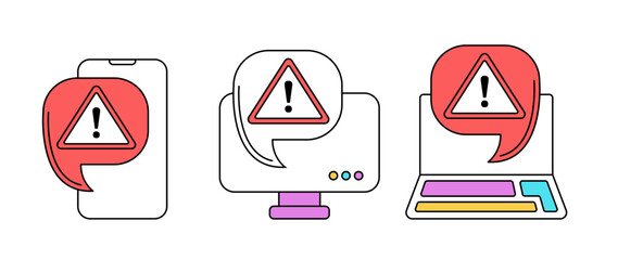 Illustration of a broken laptop. Error warning sign on the screen. Vector image of a broken or repaired computer