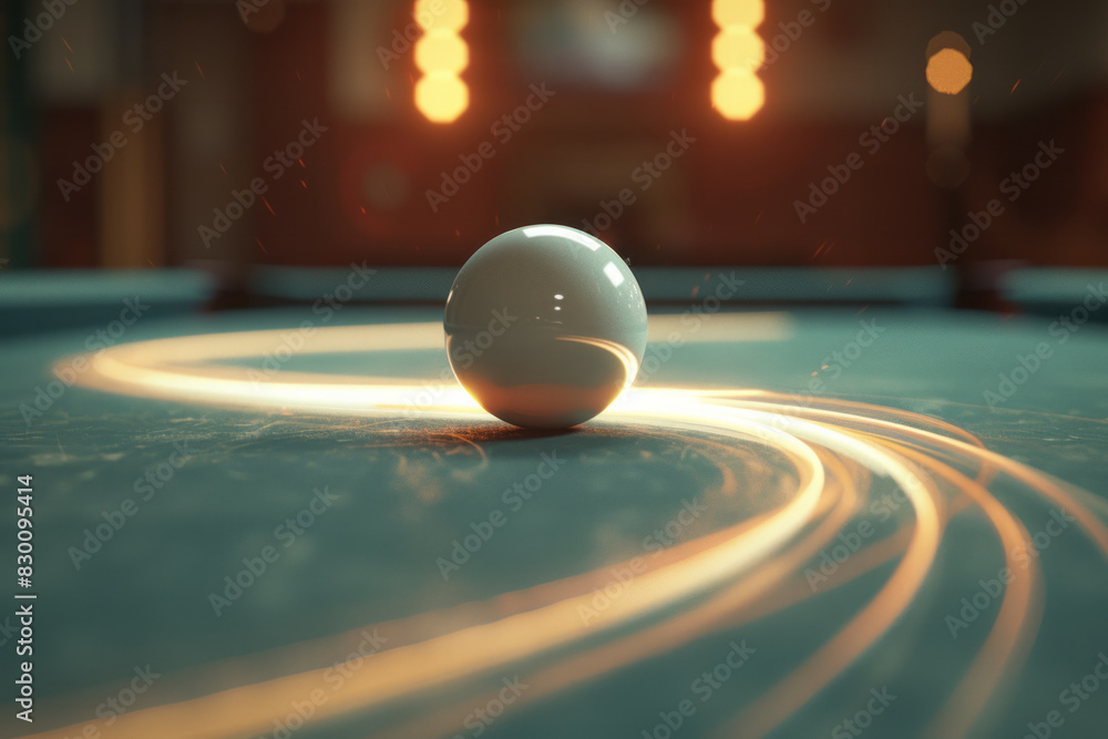 Poster image of a curved line wrapping around a billiard ball, emphasizing the spin and control of the shot