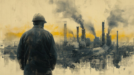 A man in a hard hat stands in front of a large industrial plant with smoke billo