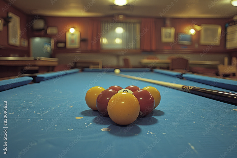Poster scene with a blue rectangle as the billiard table, with square cutouts at the corners and midpoints 
