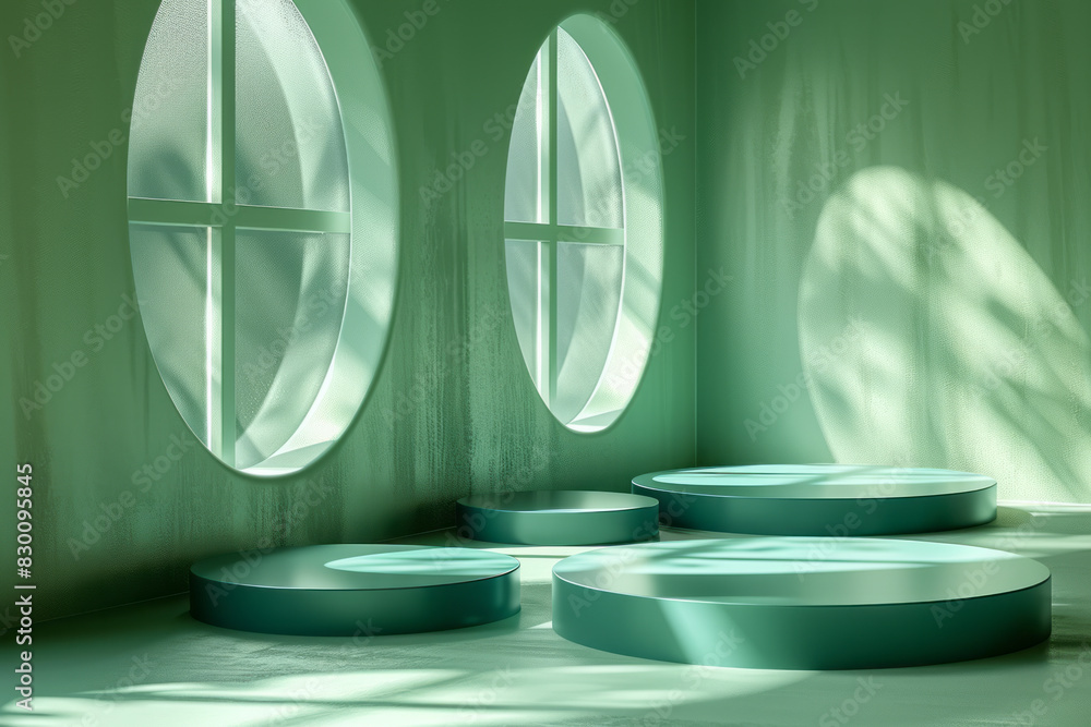 Poster Artistic rendering of a green table with blue circular pockets at each corner, emphasizing geometric shapes,