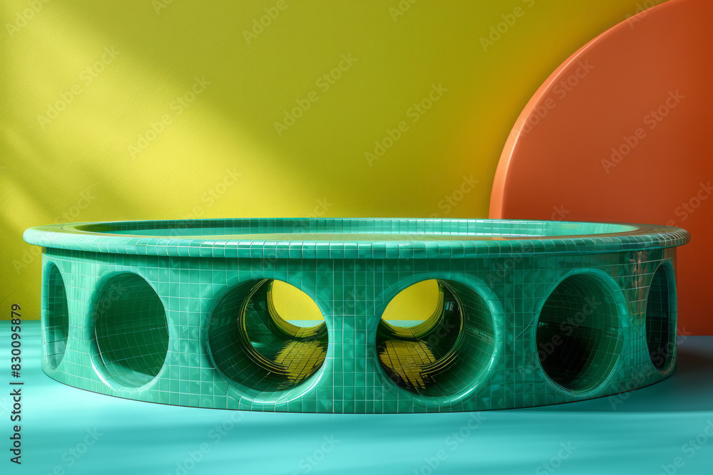 Poster Artistic rendering of a green table with blue circular pockets at each corner, emphasizing geometric shapes,