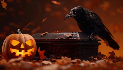 Crow on Coffin with Jack O Lantern  Halloween Horror Image