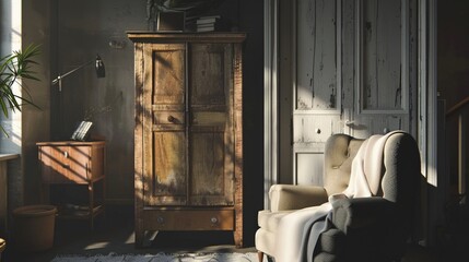 Scandinavianinspired living area with a plush armchair and sleek sideboard bright and airy neutral tones