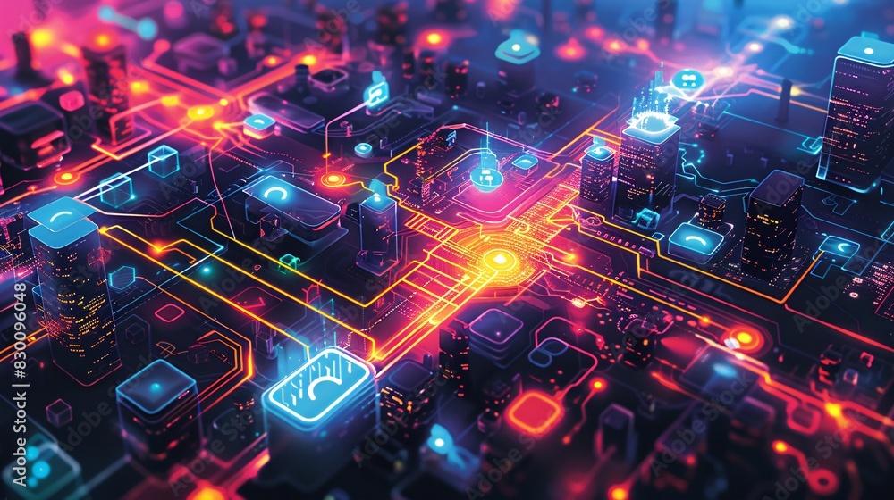Wall mural a digital landscape showing interconnected devices, from smartphones to computers, linked by vibrant