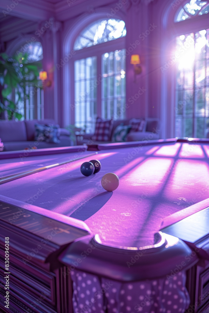 Poster scene with a purple billiard table outline, featuring diamond-shaped pockets at the corners and midp