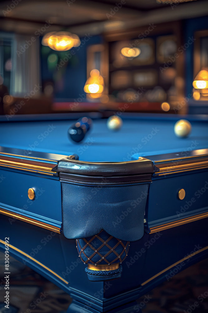 Poster illustration of a blue billiard table with minimalist outlines and pentagonal pockets at each corner