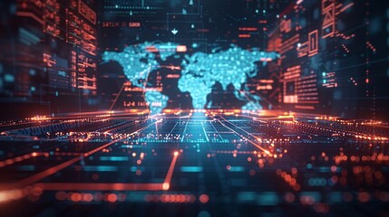 Fototapeta premium A global map overlaid with a lightning network of illuminated pathways and nodes, representing high-speed technology connections between continents and cities, with a digital interface displaying
