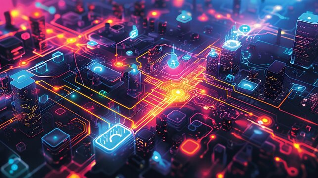 A digital landscape showing interconnected devices, from smartphones to computers, linked by vibrant, lightning-like lines of data, symbolizing a powerful technology network enabling instant