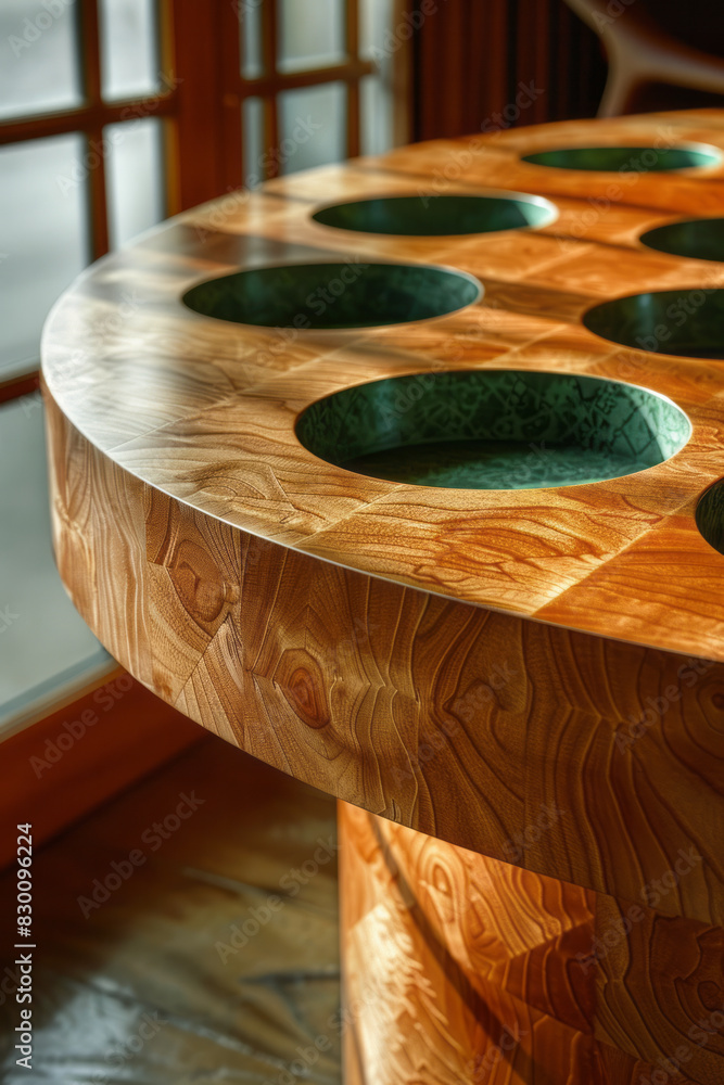 Aufkleber scene featuring a brown table outline with green elliptical pockets, giving an abstract representati