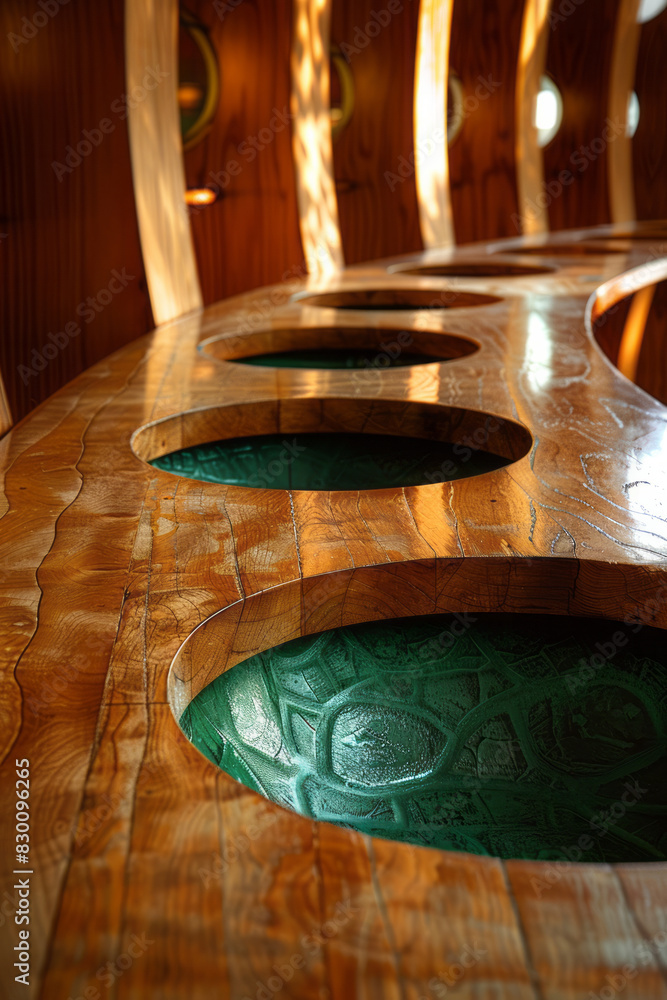 Aufkleber scene featuring a brown table outline with green elliptical pockets, giving an abstract representati