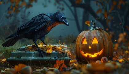 Crow on Jack OLantern Beside Coffin on Solid Background