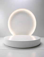 Abstract minimal concept. Modern ivory white marble podium stage platform displayed in background room design. Mock-up template for product presentation. 3D rendering. Copy text space 