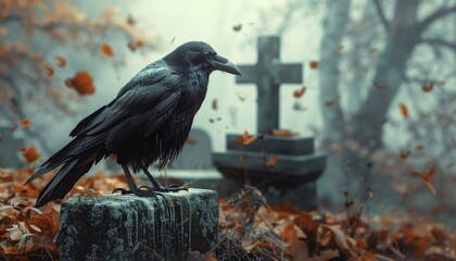Crow on Cemetery Beside Coffin and Skull  Halloween Horror
