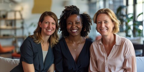 Fototapeta premium Three professional businesswomen sitting on couch smiling at camera in modern office
