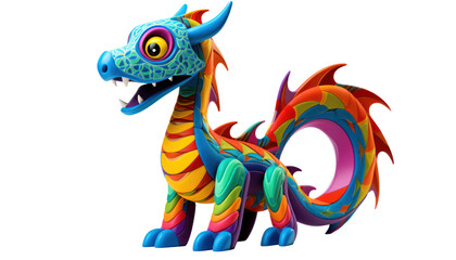 Fototapeta premium Colorful cartoon dragon with big eyes and playful design, featuring vibrant hues and a whimsical appearance on a white background.