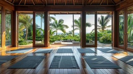 Fitness and Wellness Retreat: Depict a serene fitness and wellness retreat.