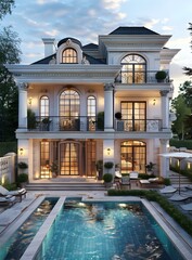 Fototapeta premium Large white modern villa with pool