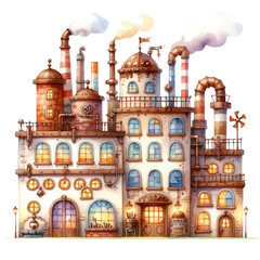 Obraz premium A whimsical digital painting of a large, fantastical factory with lots of windows, pipes, and steam coming out of the top.