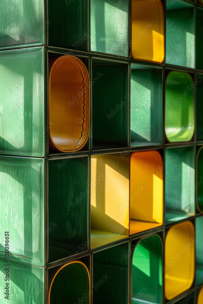 Aufkleber scene with a green table and bright yellow square pockets, creating a striking abstract design,
