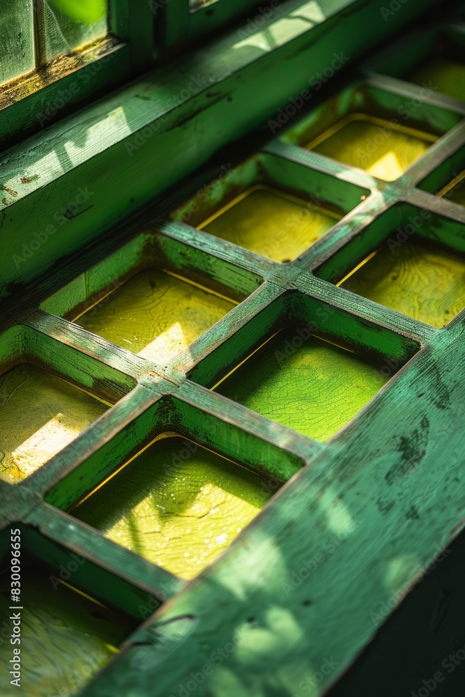 Aufkleber scene with a green table and bright yellow square pockets, creating a striking abstract design,