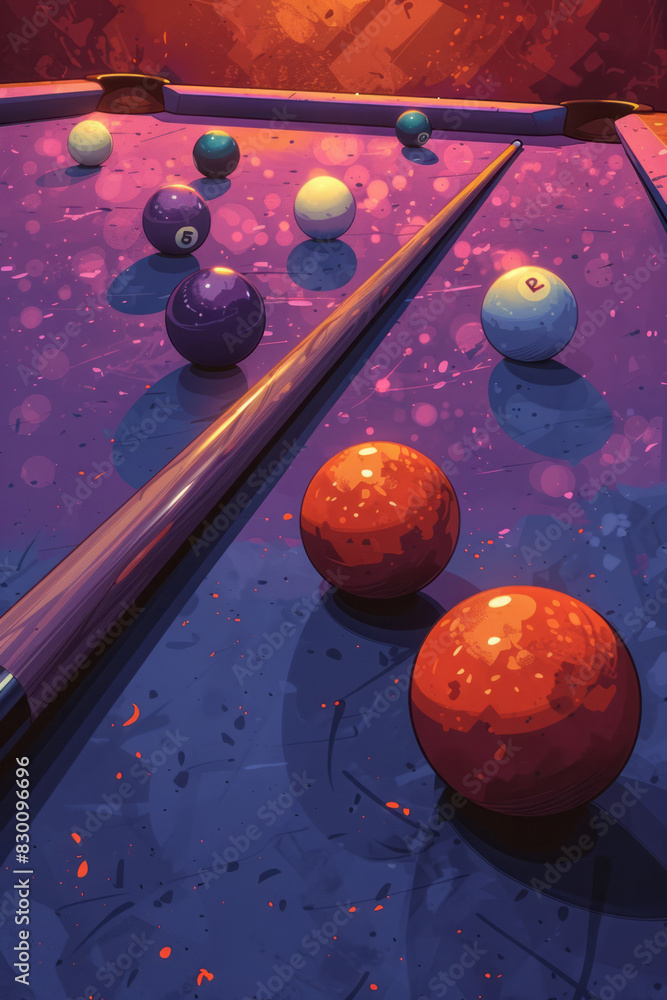 Poster illustration of a purple billiard table with orange circular pockets, using complementary colors for