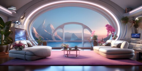 Looping virtual background of a futuristic cozy living room for streaming or video calls. Concept Virtual Background, Futuristic Living Room, Cozy Atmosphere, Streaming, Video Calls