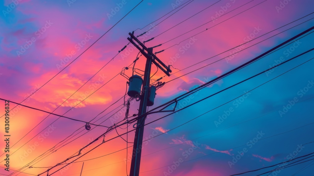 Poster A close-up of power lines and transformers mounted on utility poles against a colorful sunset sky, symbolizing the intersection of nature and technology.