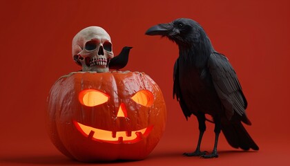 Crow on Jackolantern with Skull Halloween Horror