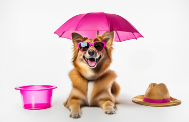 dog with a toy, pink toy for dog,dog with a bowl of water,dog in sunglasses