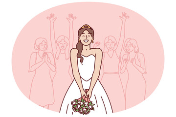 Happy bride preparing to throw bouquet flowers performs traditional ritual for wedding party. Woman in wedding dress stands with back to female girlfriends who want to get married as soon as possible