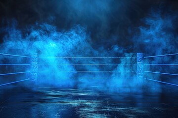 blue boxing ring on dark background with smoke