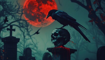 Moonlit Cemetery Horror with Crow and Skull