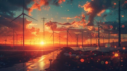 Radiant future with wind turbines in a luminous landscape during sunset creating an enchanting and futuristic scene. Generative Ai