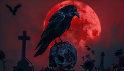Crow on Skull in Cemetery under Bloody Moon  3D Horror Scene